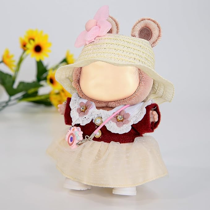 iBayda 17cm Chic Doll Clothes Dress & Accessories Set Include: A Straw Hat, Dress, Flower Hairpin, Shoes and Bag (Doll and Glasses are Not Included)