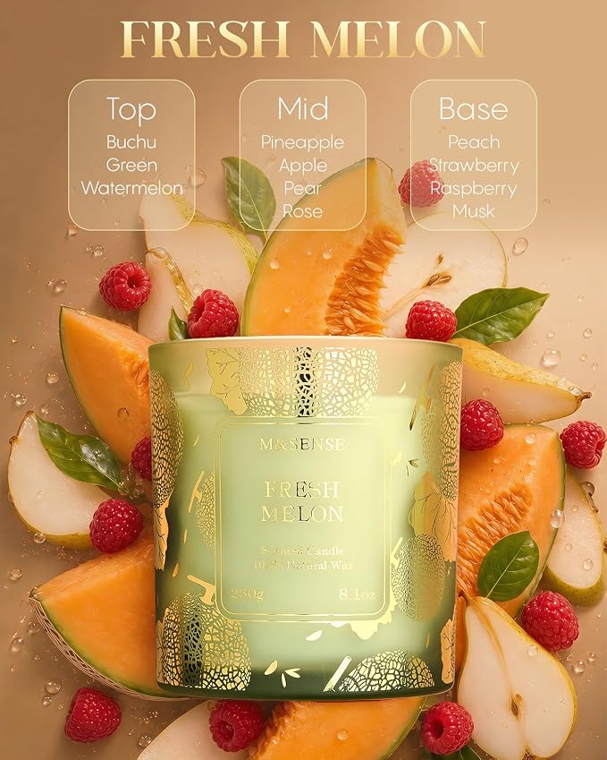 M&SENSE Fresh Melon Soy Candle, 8.1oz Gilded Glass Summer Refresh | 42H Long Lasting, Gilded Glass, Fresh Home Fragrance, Sensitive-Safe, Warmer Lamp Use, Reusable Jar