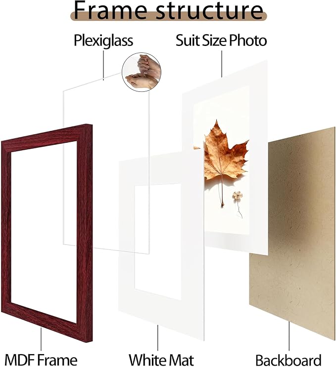 Picrit 11x17 Picture Frame Set of 12, Display 8x12 with Mat or 11x17 without Mat, Photo Frames for Wall Mounting Display, Dark Red Wood