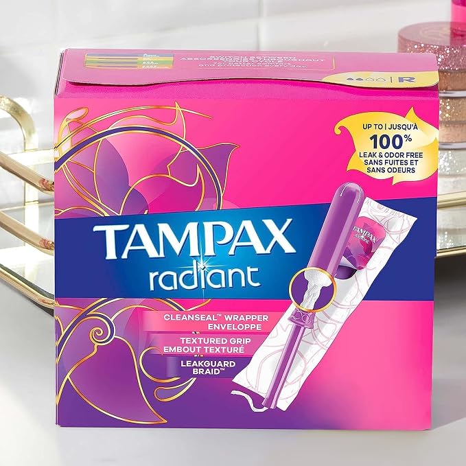 Tampax Radiant Tampons Multipack with Leakguard Braid, Regular/Super Absorbency, with Leakguard Braid, Unscented, 28 Count (Pack of 2)