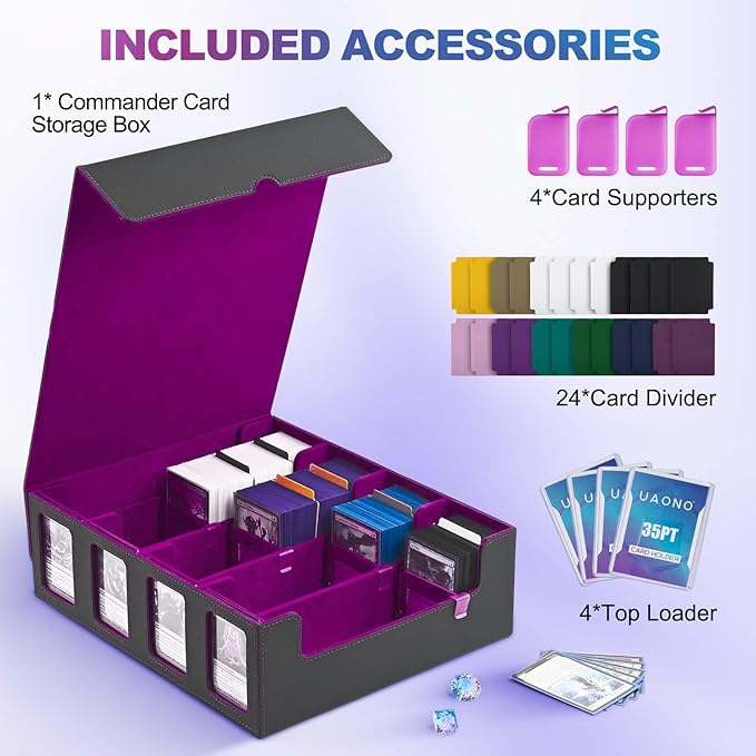 UAONO Trading Card Storage Box with Commander Display; 2400+ Deck Box for MTG with Removable Cover; Top Loaders Card Case fits Magic TCG PTCG Sports Cards; 24 Dividers, 4 Stoppers (Black, Purple)