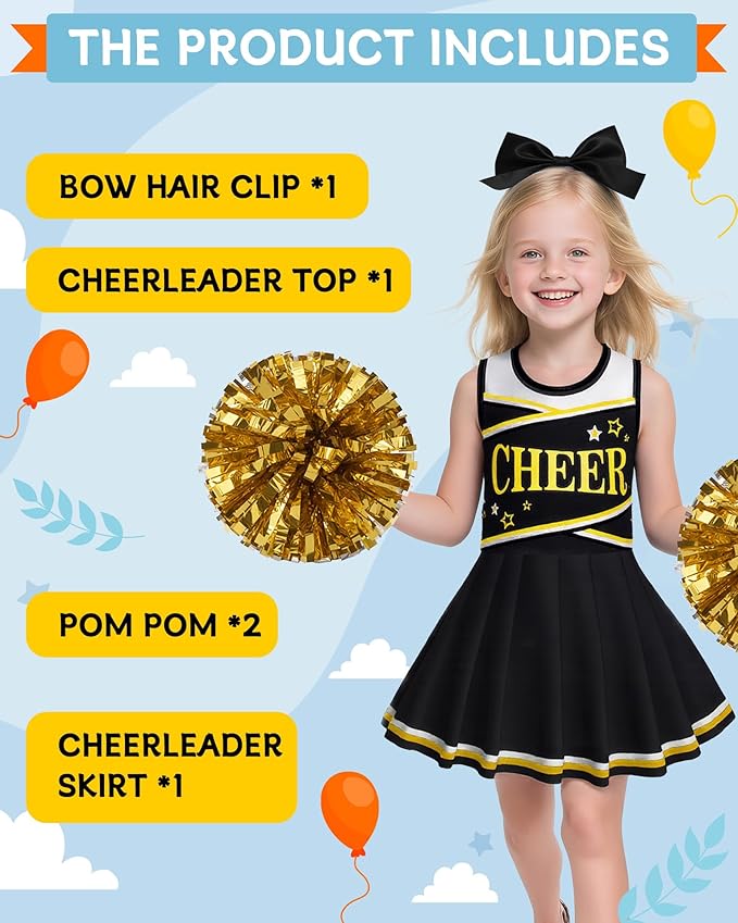 JenPen Cheerleader Costume Set Cheerleading Outfit Cheer Uniform Dress Cosplay for Halloween Party Gifts 3-9 Years