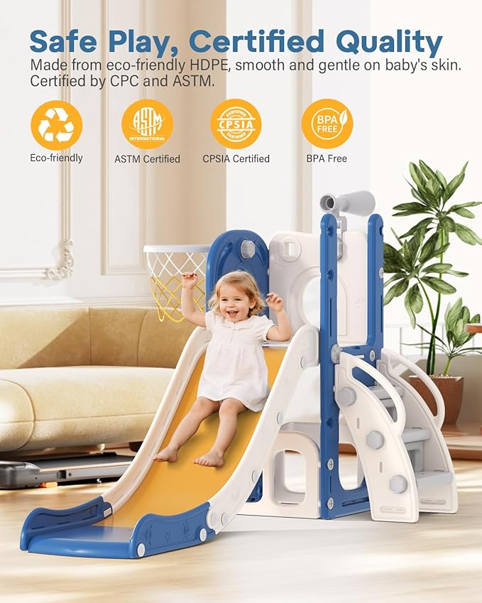 Babytronic Toddler Slide, 6 in 1 Kids Indoor Slide for Toddlers 1-3, Baby Indoor and Outdoor Climber Playset, Kids Slide with Basketball Hoop and Telescope, Toddler Outdoor Playground (Blue&Yellow)