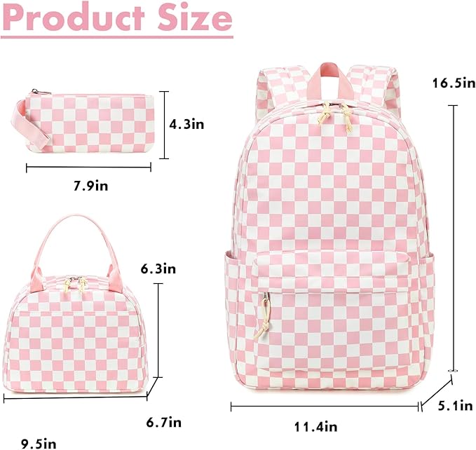 Bluboon Teen Girls School Backpack Kids Bookbag Set with Lunch Box Pencil Case Travel Laptop Backpack Casual Daypacks (Pink white checkered)