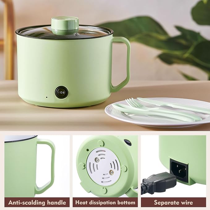 2 Pcs 1.5l Electric Ramen Cooker Hot Pot Electric Dual Power Noodle Cooker, Boil Dry Protection, Nonstick, Multifunctional Lazy Pot for Cooking Pasta, Noodles, 7x3.15" (Mint Green, White)
