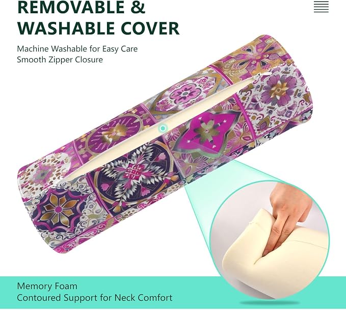 Neck Roll Pillow Bolster Pillows Round Health Memory Foam Long Cervical Cylinder Body Removable Washable Cover Bed Legs Back Yoga Pink Boho Tiles