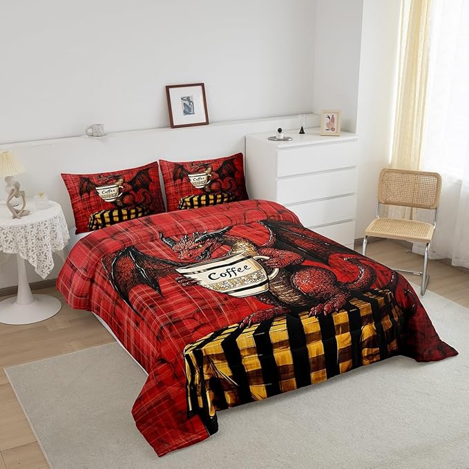Feelyou Dragon Comforter Set Queen Size Dragon Stuff Comforter for Boys Girls Teens Wild Life Bedding Set Coffee Duvet Set Room Decor Red Quilt Set