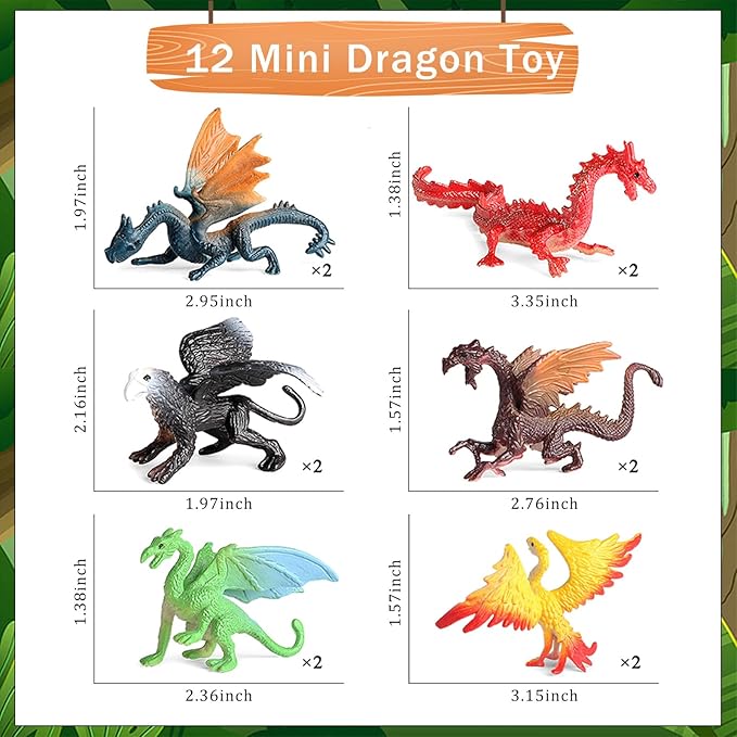 EOIVSH Mini Dragon Toys Figures - 12pcs Ancient Flying Dragon Figurines for Boys Girls, Mythical Action Figure Kid Toys, Cupcake/Cake Topper & Party Favors