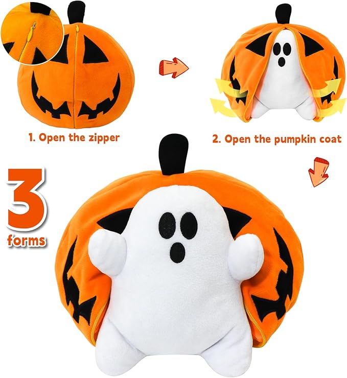 Halloween Pumpkin Ghost Plush Toy with Zipper – Cute Jack-o’-Lantern Ghost Pillow Decoration – Soft and Cuddly for Boys and Girls Plush Toy (Halloween Plush-A)