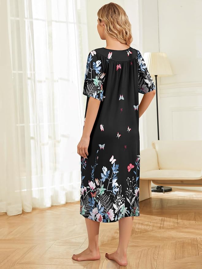 House Dresses for Women with Pockets Moo Moo Nightgown Short Sleeve Mumu Dress Lounge Dress S-3XL