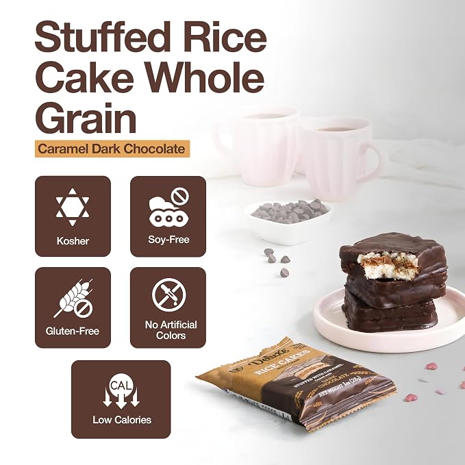 Deluxe & Bla Bla Stuffed Rice Cakes - Whole Grain Chocolate Rice Cake,Gluten Free,Low Calorie,(Alfajor) Kosher Certified - Caramel Filled Rice Cakes coated with Dark Chocolate, 28g Each (6 Pack)
