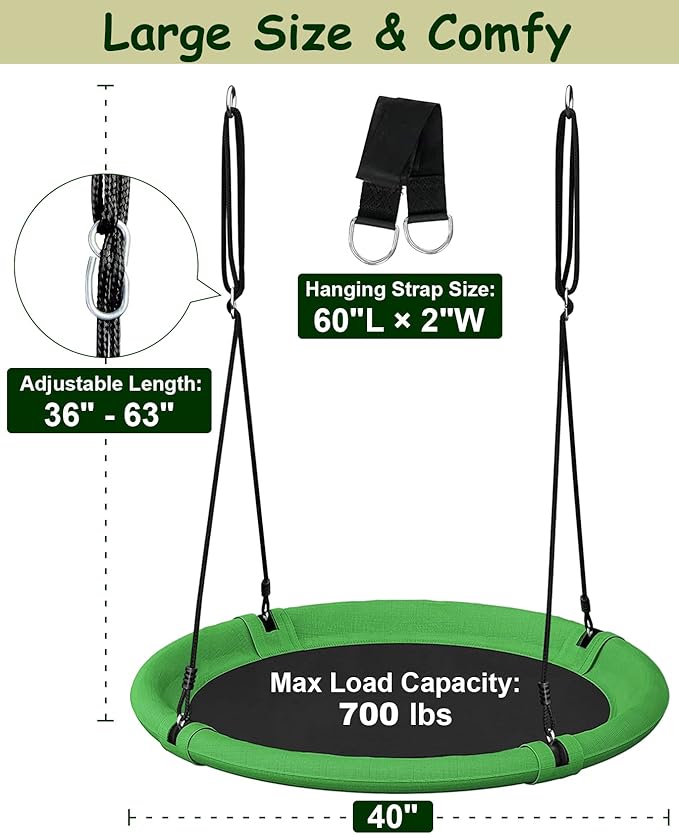 40 Inch Saucer Tree Swing Set for Kids & Adults, Adjustable Swing Sets for Backyard or Outdoor Playground, Green & Black, 1 Pack