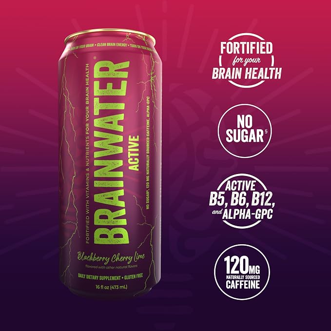 BrainJuice BrainWater Calm, Water for Clean Energy, Focus & Relaxation Support, Gluten Free, Zero Sugar Drinks with Ashwagandha, Alpha GPC, Vitamin C & B, Organic Green Tea, 8 Pack (Blackberry Cherry Lime)