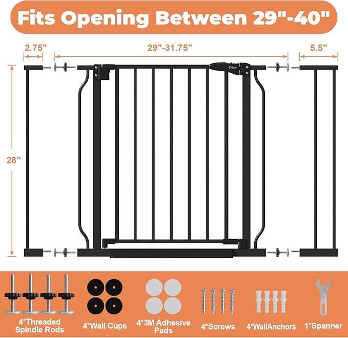 Baby Gate for Stairs & Doorways No Drilling, 29"-40" Dog Gate Indoor | Auto Close, Dual-Lock Safety, Pressure Mounted, Stroller Friendly Foot Pedal, Easy Walk Through Door, for Child & Pets, Metal