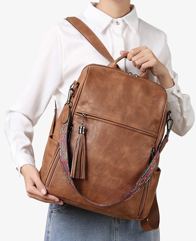 FADEON Leather Backpack Purse for Women Designer Travel Backpack Purses PU Fashion Ladies Shoulder Bag with Tassel