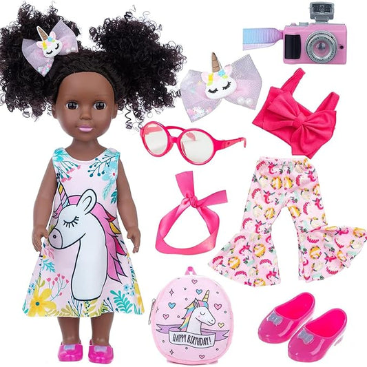 ZQDOLL Black Doll and Black Baby Doll Clothes 14.5 inch African American Silicone Girl Doll with 2 Sets Clothes and Travel Equipment Camera Backpack Glasses etc - Best Gift for Kids Girls