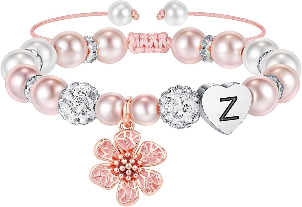 MONOOC Valentines Gifts for Kids Girls - Initial Flower Charm Bracelets for Girls, Adjustable Pearl and Rhinestone Beaded Bracelet Heart Initial Bracelets Jewelry for Flower Girl Gift Birthday Gifts