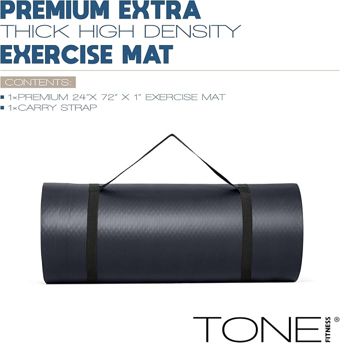 Tone Fitness 1-Inch Thick Yoga Mat | High-Density, Non-slip Exercise Mat with Carrying Strap for Yoga, Pilates, & Home Gym Workouts | Multiple Options