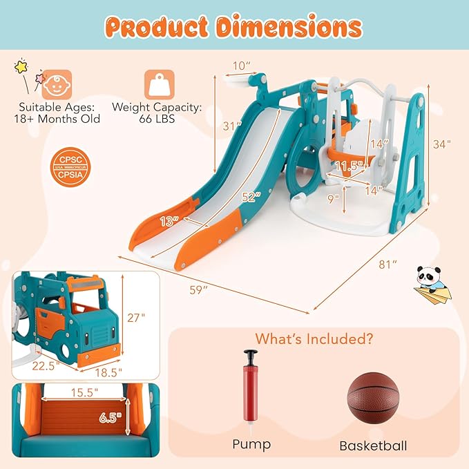 Costzon 6 in 1 Toddler Slide and Swing Set, Mini Bus Indoor Outdoor Baby Swing with Basketball Hoop, Crawling Tunnel, Kids Climber Playset for Boys and Girls Backyard Playground Gifts Presents