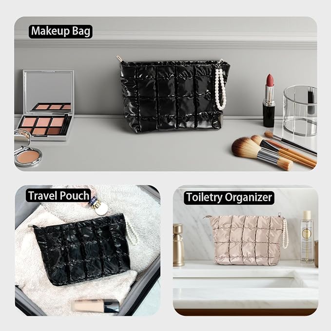 Puffer Quilted Makeup Bag Travel Cosmetic Bag Portable Puffy Checkered Toiletry Pouch Skincare Organizer Purse Pencil Case (Pink)