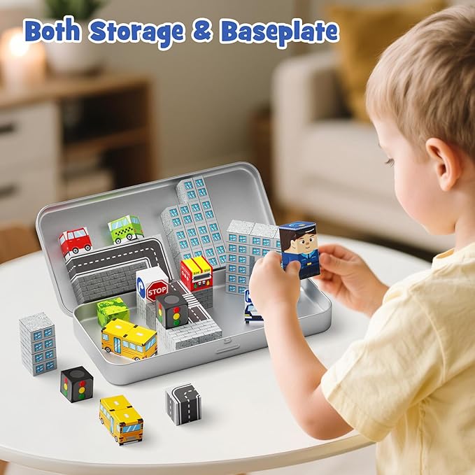City-Themed Magnetic Building Blocks - Portable & Travel-Friendly Set for Ages 3+, STEM Learning Construction Kit with Storage Box