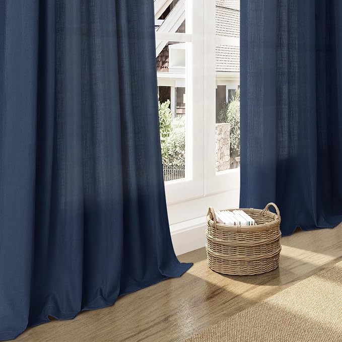 Nanspring Denim Blue Linen Curtains 96 Inches Long 2 Panels Set for Living Room Rod Pocket Back Tab Semi Sheer Light Filtering Protect Privacy Denim Blue Curtain for Bedroom Floor Length 52x96