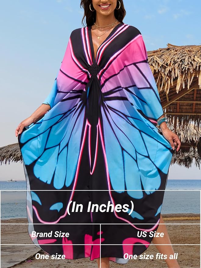ChiaoLezhee Print Moo-Moos for Women, Kaftan Cover-Up Dresses, Sexy V-Neck High-Slit, Beach Pool-Party Coverups Muumuu Plus