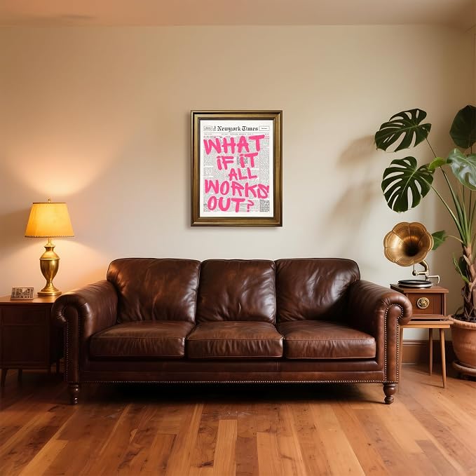 What If It All Works Out Poster Retro Newspaper Pink Wall Art Positive Affirmation Quote Minimalist Canvas Painting Prints Wall Decor Aesthetic for Home Bedroom Office 12x18inch Gold Framed