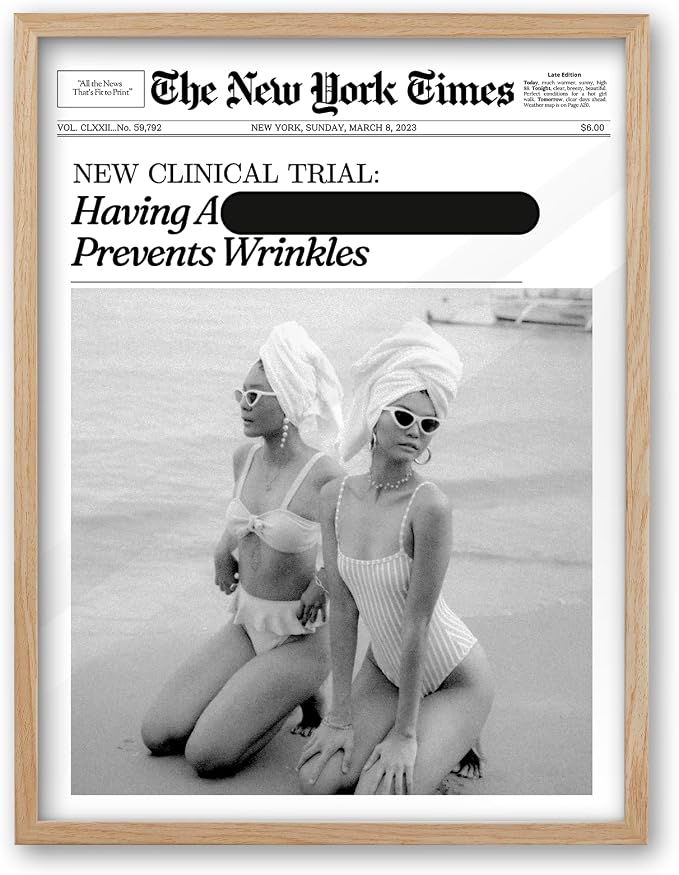 iHery 12x16in Funny Beach Girls Framed Newspaper Wall Art | Natural OAK Wood Frame with Canvas Print, Retro Magazine Decor for Bathroom, Bedroom, Girl Dorm, Living Room 1Pack