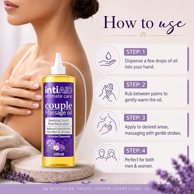 Couple Massage Oil for Date Night & Massage Therapy | Sensual Massage Oil with Lavender & Chamomile | Natural Almond Oil, Jojoba OIl & Vitamin E | 7 Fl Oz