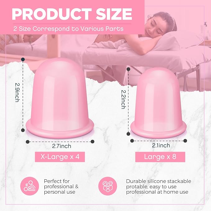 TrelaCo 12 Pcs 2 Size Cupping Therapy Set Silicone Anti Cellulite Cupping Kit for Massage Therapy Set Vacuum Suction Cup for Arthritis Relief, Pain Reduction Adults Home Use (Pink)