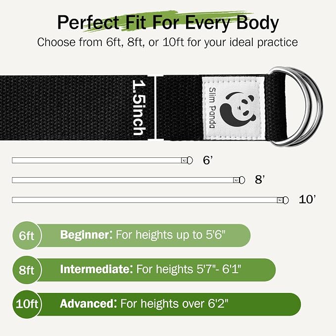 Slim Panda Yoga Strap for Stretching,Cotton Yoga Strap with Adjustable D-Ring Buckle,Non-Elastic Yoga Belt for Pilates,Gym Workouts,Physical Therapy,Improve Flexibility