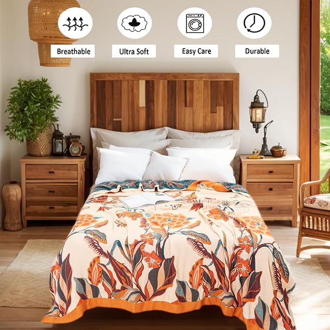 VANJOROY Boho Throw Blanket, 100% Cotton Breathable Soft Bed Throw - Floral Bird Farmhouse Decor Blanket for Sofa Couch Chair Quilt and Gift. 80" x 90"- Beige