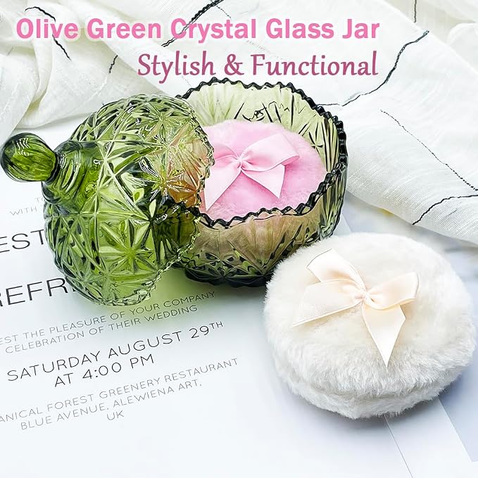 4" Glass Dusting Powder Container with 2 Fluffy Puffs,Cute 3.5" Soft Body Powder Puff and Jar Set(Crown-olive green)