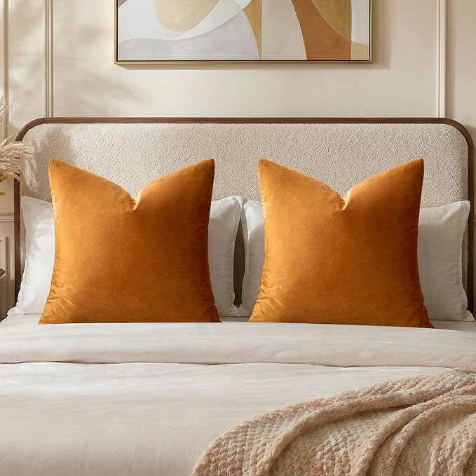 GIGIZAZA Orange Velvet Pillow Covers 26x26 Decorative Pillows Pack of 2 | Throw Pillows for Couch,Euro Sham,280gsm Soft Textured Fabric,Modern Pillowcases,Luxury Cushion Covers