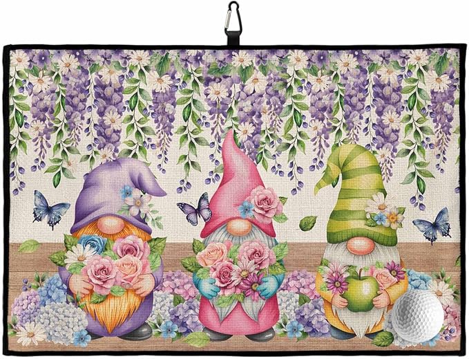 Blue Purple Gnomes Golf Towel with Clip, Spring Vintage Hydrangea Flower Leaf Large Microfiber Women Men Sports Work Out Disc Golf Bag Towel for Yoga, Gym, Fitness, Swimming Towels Accessory