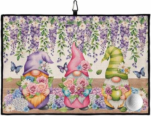 Blue Purple Gnomes Golf Towel with Clip, Spring Vintage Hydrangea Flower Leaf Large Microfiber Women Men Sports Work Out Disc Golf Bag Towel for Yoga, Gym, Fitness, Swimming Towels Accessory
