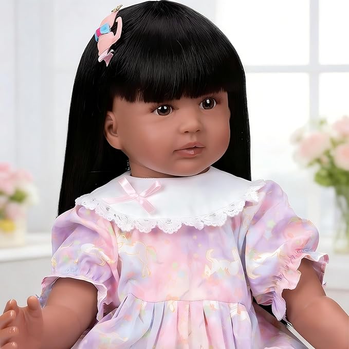 Pinky 24 inch Black Indian Reborn Baby Dolls Girl Soft Vinyl Realistic Look African American Newborn Doll Toddler Doll Toy for Kids 3+