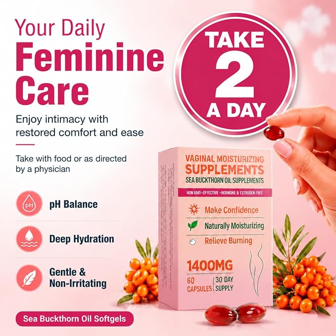 Vaginal Moisturizing Supplement for Women, Sea Buckthorn Oil, Omegas 3, 6, 7, and 9, Vitamins A and E, 100% Natural Formula, 60 Supplements