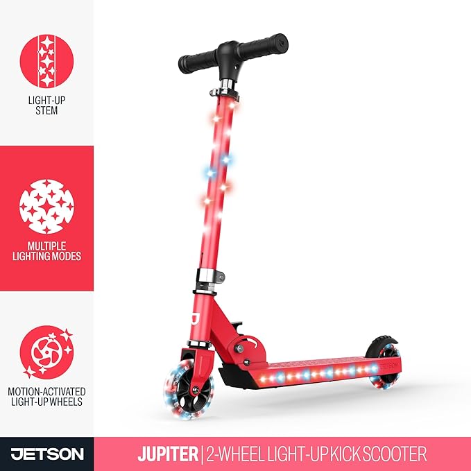 Jetson Jupiter Kids 2-Wheel Light-Up Kick Scooter, LED Lights on Handlebar, Stem, Wheels & Deck, Adjustable Handlebar, Rear Brake, Easy-Folding Mechanism, Ages 5+