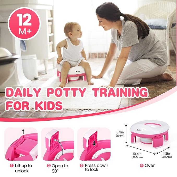 Orzbow Portable Potty Training Toilet, Travel Potty Seat for Toddler Boys Girls with Splash Guard, Potty Training Essentials, Foldable, Includes Free Travel Bag and 40 Liners, Indoor/Outdoor Use, Pink