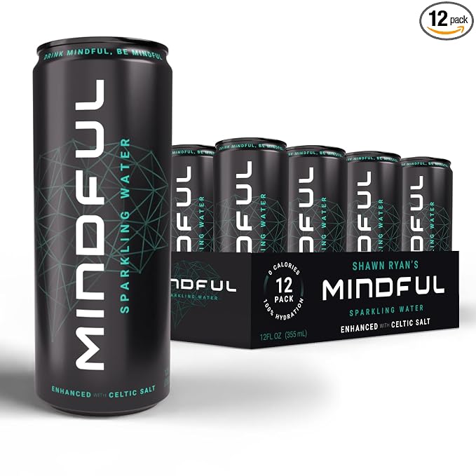 Mindful Sparkling Water by Shawn Ryan, Carbonated Water and Celtic Salt, Sugar Free Beverage with Natural Electrolytes, Zero Calories, Clean Hydration, No Sweeteners, Unflavored, 12 FL OZ (12 Pack)