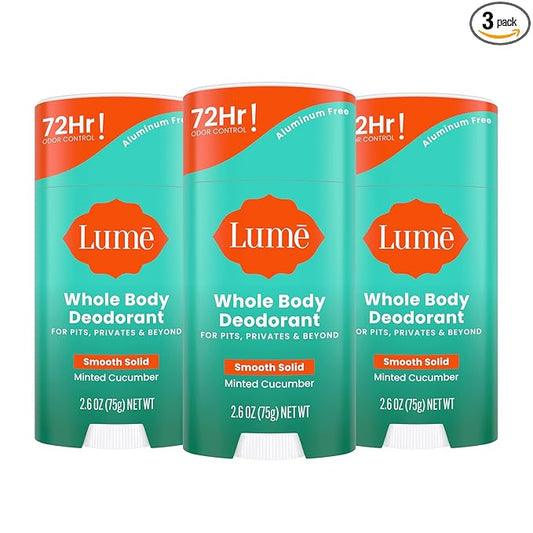 Lume Whole Body Deodorant - Smooth Solid Stick - 72 Hour Odor Control - Aluminum Free, Baking Soda Free and Skin Loving - 2.6 Ounce (Pack of 3) (Minted Cucumber)