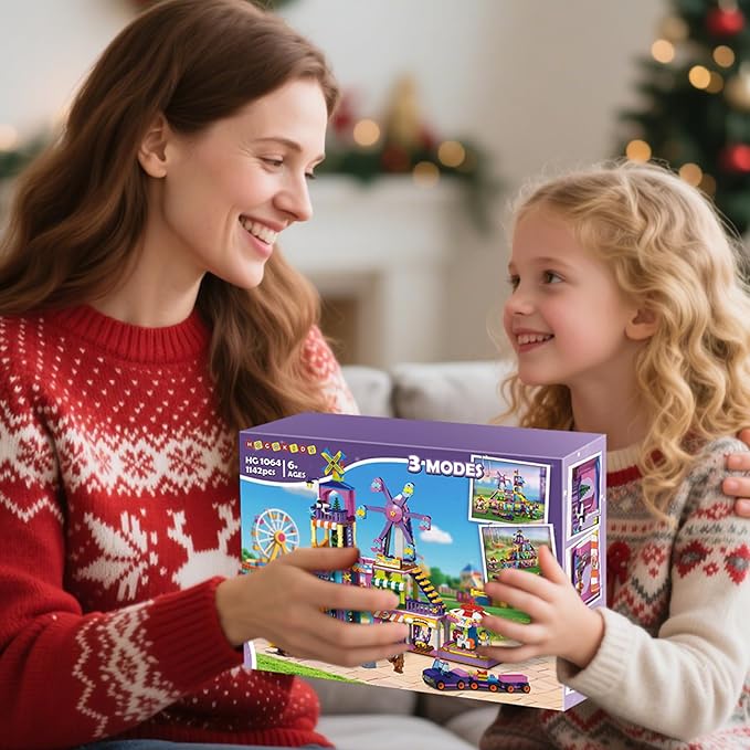 HOGOKIDS 3 Modes Girls Park Building Set - Friendship City Park Building Blocks Toy Set, Friends DIY Building Toys with Ferris Wheel, Spinning Carousel, Slide | Gifts for Girls Boys Age 8 9 10 11 12+
