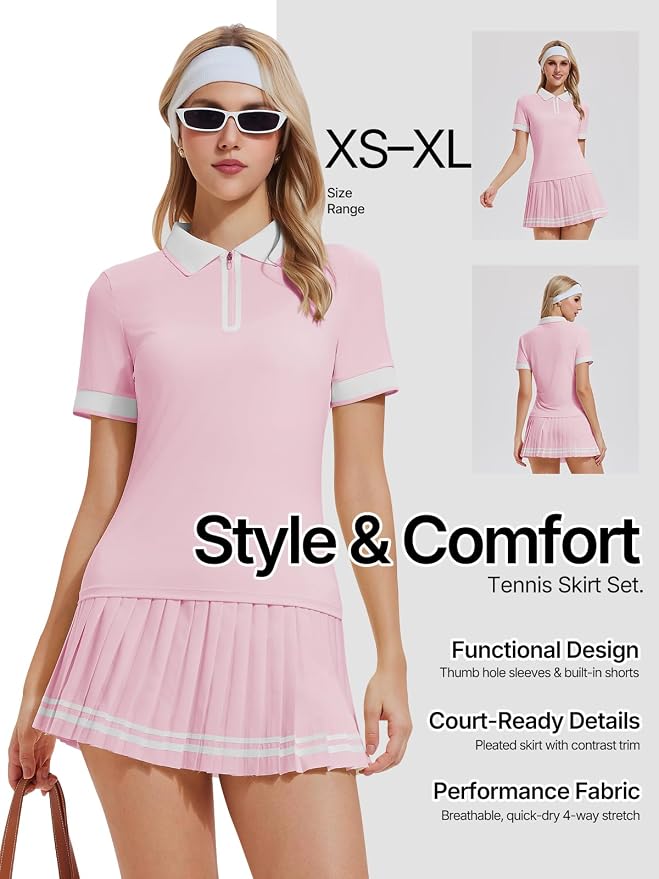 Women's 2-Piece Tennis Skirt Set, Polo V-Neck Top & High-Waisted Pleated Skirt, Athletic Outfit for Golf Pickleball