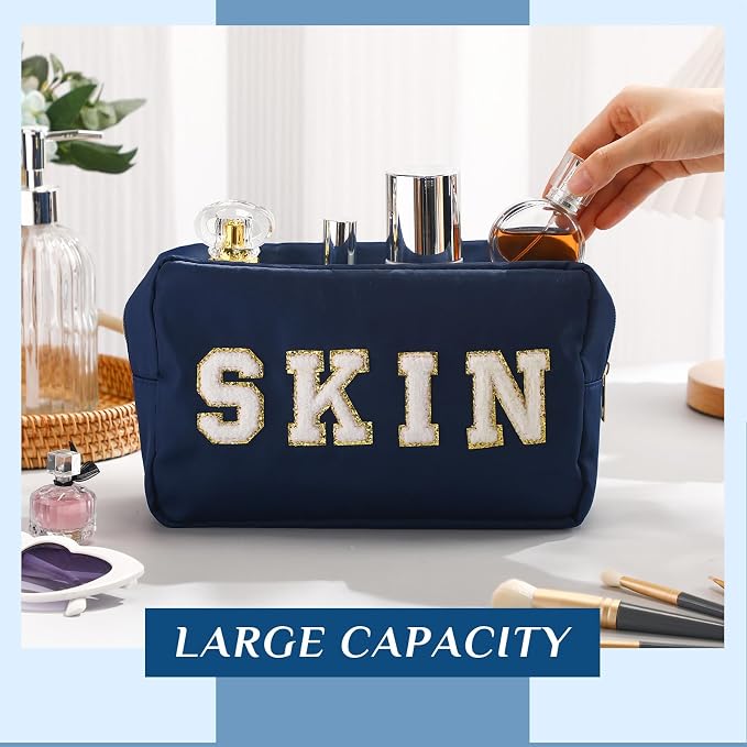 Preppy Makeup Bags Chenille Letter Stuff Bag Nylon Cosmetic Pouch Cases with Zipper for Women Travel Toiletry(Dark Blue,Classic,4 Pcs)