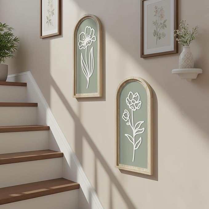 Sage Green 3D Wooden Floral Wall Art Set of 2, Arched Bathroom Wall Decor | Raised white floral cutouts in arched wood frames; ready-to-hang boho botanical decor for bedrooms, hallways and entryways