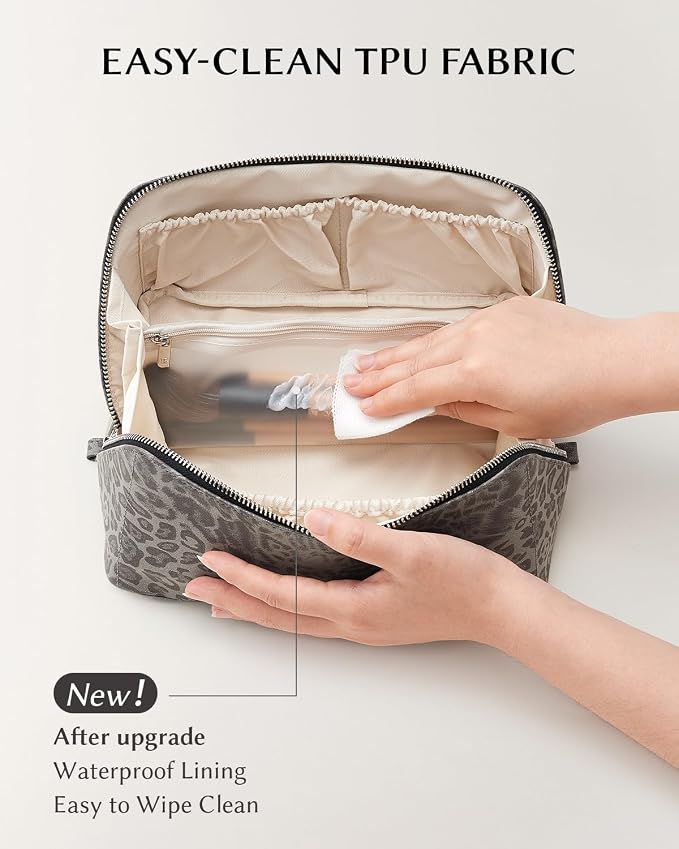 EACHY Travel Makeup Bag, Large Capacity Cosmetic Bag for Women, Waterproof PU Leather, Flat Open Portable Toiletry Bag for Skincare, Brushes & Travel Essentials