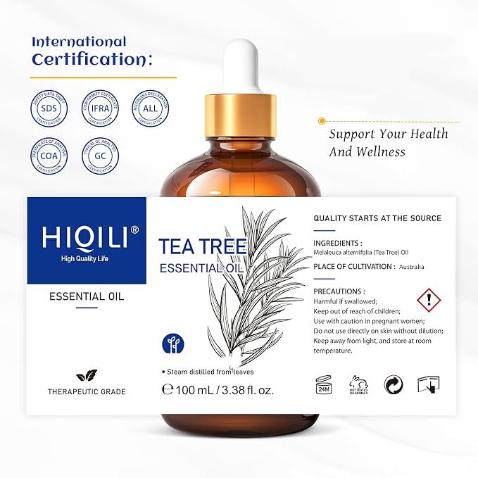 HIQILI Tea Tree Oil for Skin, Hair, Toenail | Add to Shampoo, Body Wash, Foot Soak - 100mL / 3.38 fl.oz