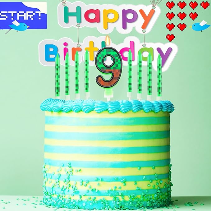 Pixels Themed 9th Birthday Candle, Pixels Cake Topper for Boys Girls, 9 Pcs Candle Set, Game Cartoon Theme Birthday Party Supplies (Number 9)